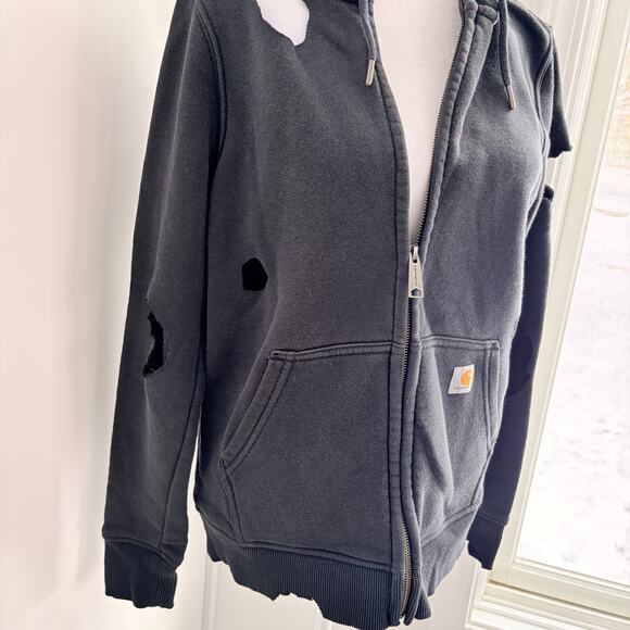 Carhartt Distressed Ripped Black Zip Up Hoodie Size Women's Small Holes Torn - Picture 3 of 8